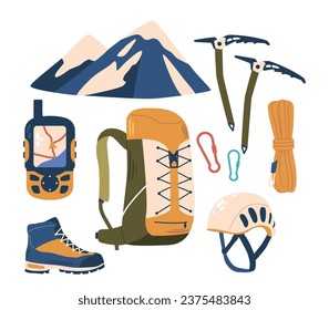 Alpinist Equipment Encompasses Climbing Essentials, Ice Axes, Harnesses, Ropes, Carabiners, And Helmet, Backpack