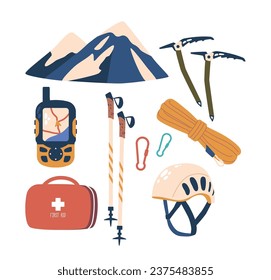 Alpinist Equipment Ice Axes, Ropes, Carabiners, Helmet, Gps Trekker, And First Aid Kit, Essential Gear For Climbers