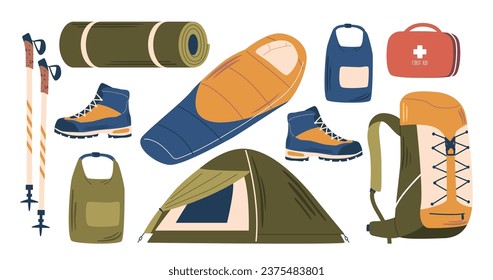 Alpinist Equipment Set. Tent, Sleeping Bag, Backpack, First Aid Kit, Mat, Sticks and And Specialized Boots