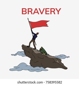 Alpinist with flag on the top of mountain. Hand drawn vector illustration