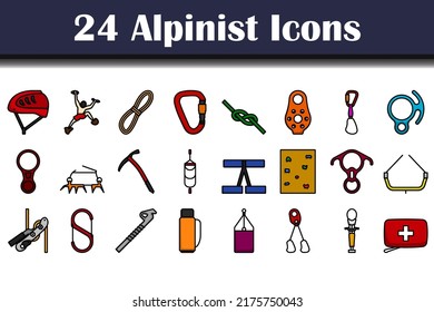 Alpinist Icon Set. Editable Bold Outline With Color Fill Design. Vector Illustration.