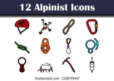 Alpinist Icon Set. Editable Bold Outline With Color Fill Design. Vector Illustration.