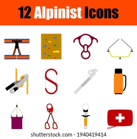 Alpinist Icon Set. Flat Design. Fully editable vector illustration. Text expanded.