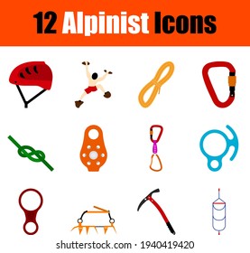 Alpinist Icon Set. Flat Design. Fully editable vector illustration. Text expanded.
