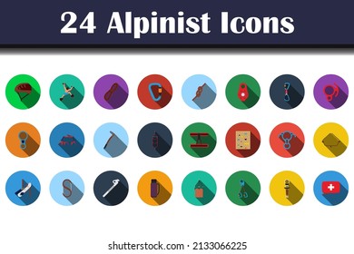 Alpinist Icon Set. Flat Design With Long Shadow. Vector illustration.