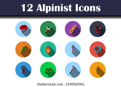 Alpinist Icon Set. Flat Design With Long Shadow. Vector illustration.