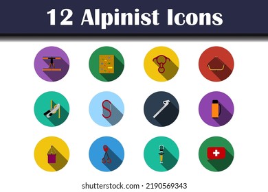 Alpinist Icon Set. Flat Design With Long Shadow. Vector illustration.