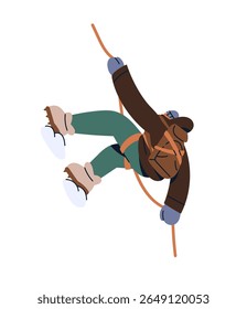 Alpinist with safety rope is climbing on top of mountain in winter. Hiker is mountaineering on peak of snow rock. Climber is hiking on cliff, travels. Flat isolated vector illustration on white