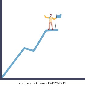 Alpinist standing on the top of graph diagram. flat styled isolated on white background.