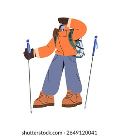 Alpinist with trekking poles climbing on top of snow mountain. Climber in outerwear is mountaineering in winter. Hiker travels in nature, hiking on rocks. Flat isolated vector illustration on white