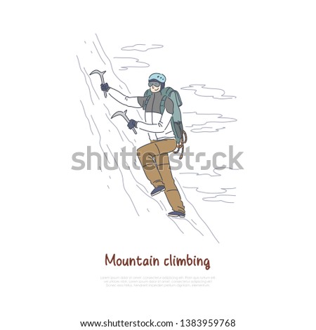 Alpinist using mountaineering tools and equipment, ice climbing, extreme sport, active holiday vacation banner