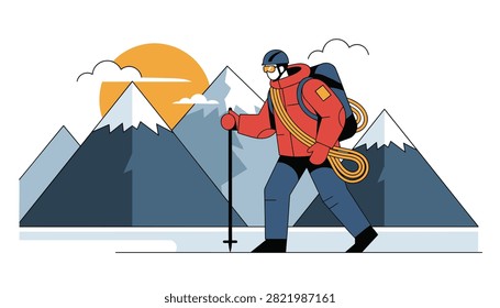 Alpinist in a warm winter jacket carrying climbing ropes and using walking poles while hiking in the snowy mountains.