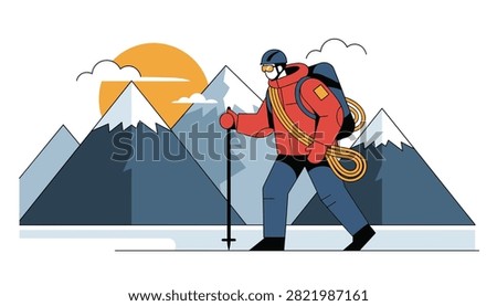 Alpinist in a warm winter jacket carrying climbing ropes and using walking poles while hiking in the snowy mountains.