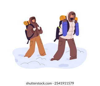 Alpinists with backpacks hiking to snow mountain. Tourists in warm clothes, outerwear trekking in winter. Climbers travel to alps with equipment. Flat isolated vector illustration on white background