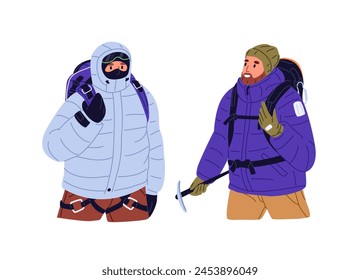 Alpinistas con el equipo: mochilas, cuerda de seguridad, hacha de hielo. Excursionista escalando a la montaña en viaje de invierno. Escaladores, senderismo, trekking, montañismo. Ilustración vectorial aislada plana sobre fondo blanco