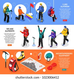 Alpinists isometric banners with mountaineering equipment and climbers in winter uniform used for expedition 3d vector illustration 