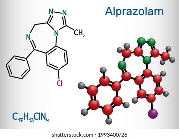 Alprazolam, molecule. It is benzodiazepine, short-acting tranquilizer with anxiolytic, sedative-hypnotic, anticonvulsant activities. Structural chemical formula, molecule model. Vector illustration