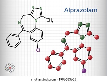 Alprazolam, molecule. It is benzodiazepine, short-acting tranquilizer with anxiolytic, sedative-hypnotic, anticonvulsant activities. Sheet of paper in a cage. Vector illustration