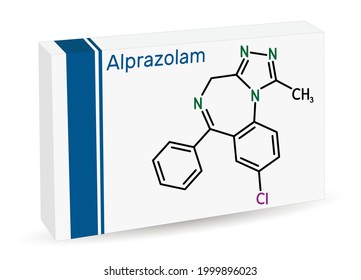 Alprazolam, molecule. It is benzodiazepine, short-acting tranquilizer with anxiolytic, sedative-hypnotic, anticonvulsant activities. Skeletal chemical formula. Paper packaging for drugs. Vector 