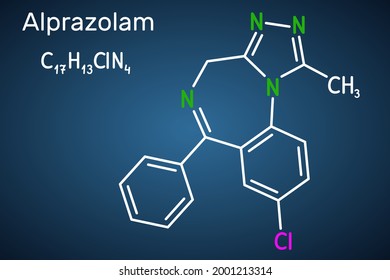 Alprazolam, molecule. It is benzodiazepine, short-acting tranquilizer with anxiolytic, sedative-hypnotic, anticonvulsant activities. Structural chemical formula on the dark blue background. Vector 