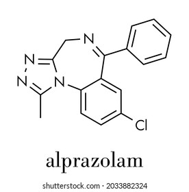 Alprazolam sedative and hypnotic drug (benzodiazepine class) molecule. Skeletal formula.