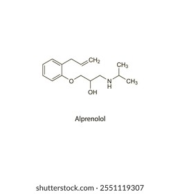 Alprenolol de estrutura molecular esquelética plana Medicamento betabloqueador usado no tratamento da hipertensão, angina e arritmia. Diagrama científico de ilustração vetorial.