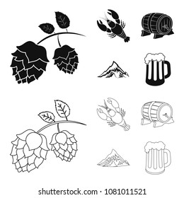 Alps, a barrel of beer, lobster, hops. Oktoberfest set collection icons in black,outline style vector symbol stock illustration web.