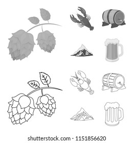 Alps, a barrel of beer, lobster, hops. Oktoberfest set collection icons in outline,monochrome style vector symbol stock illustration web.