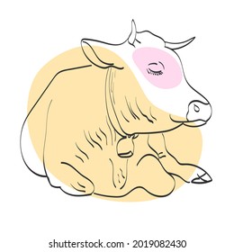 Alps cow lying on the ground in vector illustration. Isolated on white background. Hand drown. Farming, cattle, milk. Home animals, Hoofed, bull. landscape, nature, Europe mountains.