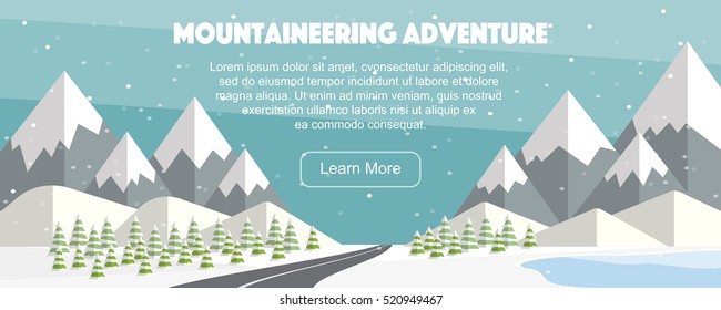 Alps, fir trees, lake, mountains wide panoramic background. Mountaineering adventure. Winter web banner design. Flat mountaineering, vector illustration.