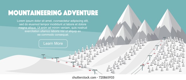 Alps, fir trees, ski lift, mountains wide panoramic background. Mountaineering adventure. Winter web banner design. Flat mountaineering, vector illustration.