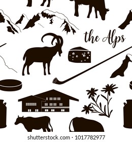 The Alps flat icons. hand drawn vector seamless pattern big set. Mountain Matterhorn, Alpine ibex, chalet, edelweiss flower, alpenhorn, chalet, goat, cow, chocolate, milk can, cheese mont blanc