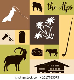 The Alps flat icons. hand drawn vector illustration squared big set. Mountain Matterhorn, Alpine ibex, chalet, edelweiss flower, alpenhorn, chalet, goat, cow, chocolate, milk can, cheese mont blanc