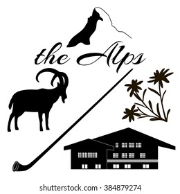 The Alps flat icons. Mountain Matterhorn, Alpine ibex, chalet, edelweiss flowers, alpenhorn.