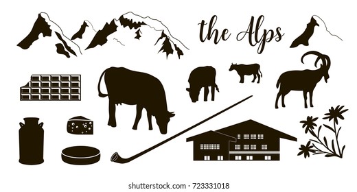 Os ícones planos dos Alpes. Montanha Matterhorn, ibex alpino, chalé, flores edelweiss, alpenhorn