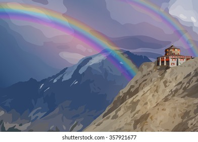 Alps high mountains and two rainbows