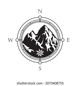 The Alps icon. Snow-capped mountains in a circle of Wind Roses with an Edelweiss flower. Compass with the orientation of the cardinal directions. Vector illustration isolated on a white background.