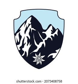 The Alps icon. Snow-capped mountains inscribed in the shape of a shield with an Edelweiss flower. The emblem of mountaineering. Vector illustration isolated on a white background.