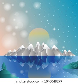 Alps Landscape sunset winter illustration background. Mountains vector.Card