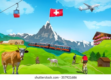 Alps Matterhorn mountain welcome card with landmarks