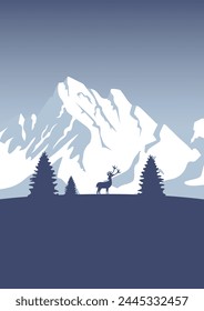 Alps Mountain landscape wildlife illustration. Minimalist Pyrenees view with forest and deer poster.