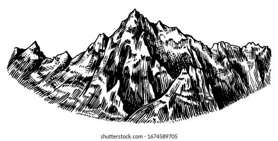 Alps Mountains. Chamonix-Mont-Blanc peaks. Vintage rock, old highlands range. Hand drawn vector outdoor sketch in engraved style. Hiking card, climbing banner, tattoo or label.