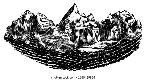 Alps Mountains. Chamonix-Mont-Blanc peaks. Vintage rock, old highlands range. Hand drawn vector outdoor sketch in engraved style. Hiking card, climbing banner, tattoo or label.