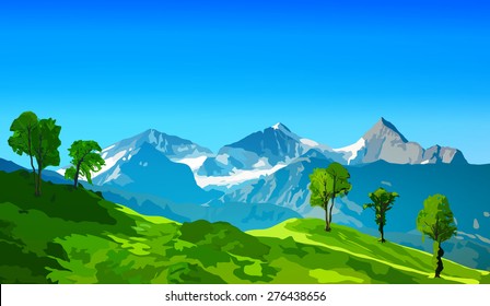 Alps mountains with green fields and snow rocks.
