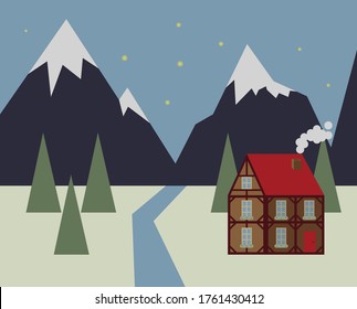 Alps mountains night landscape with bavarian german house, river and trees, holidays in europe, countryside, cute flat style vector illustration