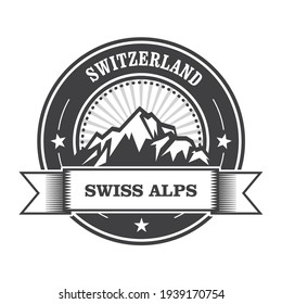 Alps Mountains stamp - Switzerland label with rock peak and ribbon, vector