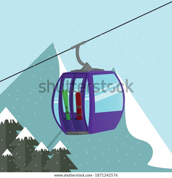 Alps\
ski lift gondola with skis and snowboard above the mountain\'s peak.\
Extreme tourist backgrounds and vector\
illustrations