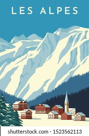 Alps travel retro poster, vintage banner. Mountain village of Austria, winter landscape of Switzerland. Hand drawing flat vector illustration. 