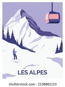 Alps winter landscape Hand drawn background vector illustration, suitable for art print, travel posters, postcard, banners.