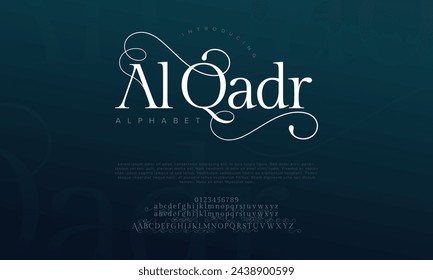 Alqadr premium luxury romadhon alphabet letters and numbers. Elegant wedding typography islamic ramadan serif font decorative vintage retro. Creative vector illustration